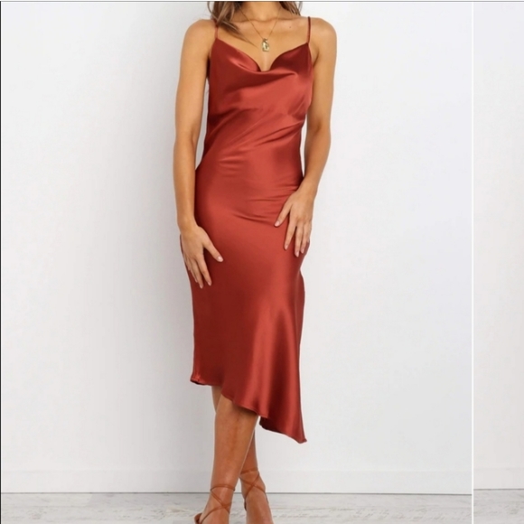 Petal & Pup Rust Cypress Draped Cowl Silky Satin Side Slit Midi Slip Dress Sz 4 - Picture 5 of 10